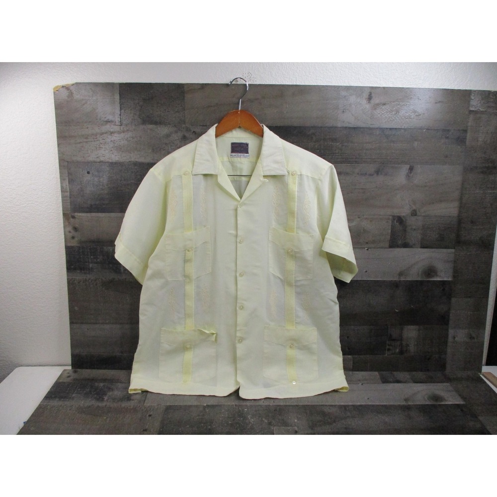 Catalogne Shirt Mens 44 Yellow Vintage Short Sleeve Guayabera Button Up - Picture 2 of 9